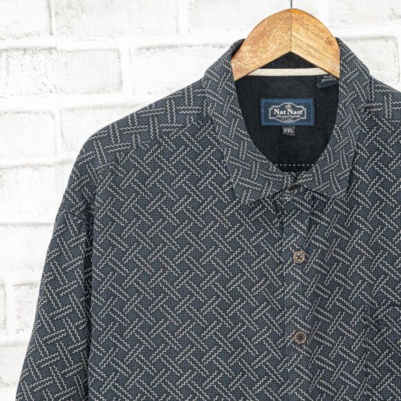 Nat Nast Men's Silk Cotton Short Sleeve Button up Shirt blue geo print 2XL - Picture 5 of 6